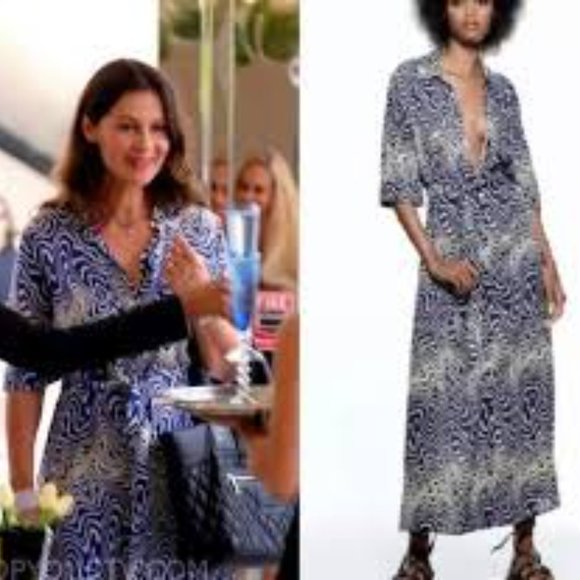 ZARA Long Flowing Geometric Print Midi Dress Belt Blue White Geometric Size M - Picture 2 of 7